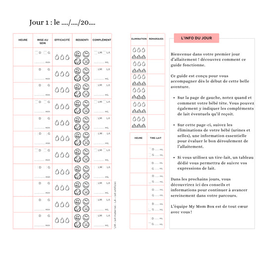 Page du carnet d’allaitement "Jour 1" avec tableaux de suivi des tétées, efficacité, compléments, éliminations du bébé et messages d’accompagnement. Pour bien démarrer l’allaitement.