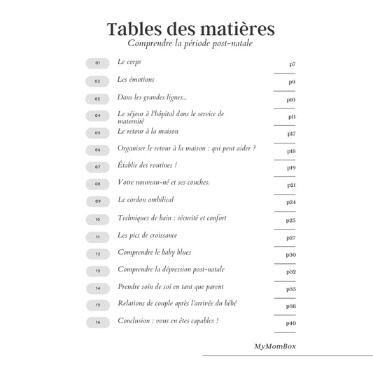 Table des matières du carnet "Comprendre la période post-natale" avec 16 chapitres abordant le corps, les émotions, le séjour à la maternité, le retour à la maison, la routine avec bébé, les émotions post-partum et bien plus.