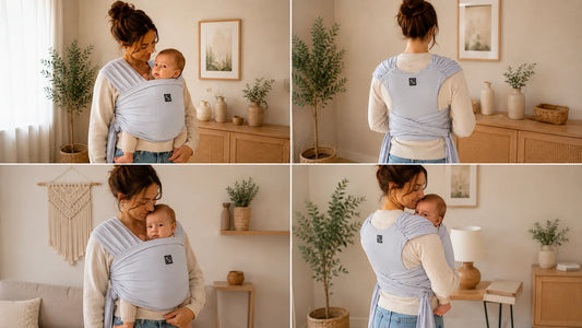 Maman portant son bébé dans une écharpe de portage MyMomBox lilas, vue de face, de dos et de côté.